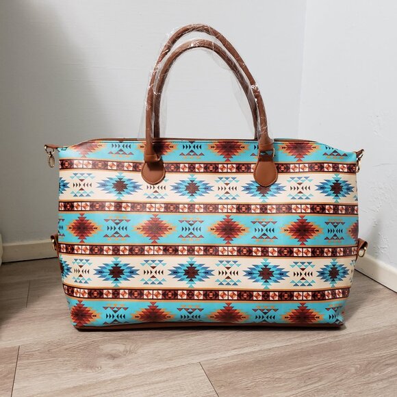 Handbags - NEW Santa Fe turquoise vegan leather weekender tote bag large Western Country